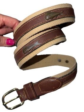 Zep Pro Brown Leather Canvas Belt gold BRASS Buckle Mahi Mahi FISH Conch USA 36